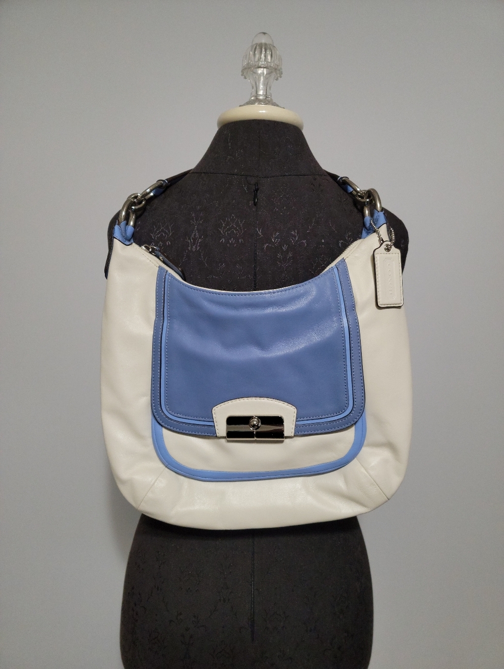 Coach Two-Tone Blue and Cream Leather Shoulder Bag - Kristin Hobo Bag